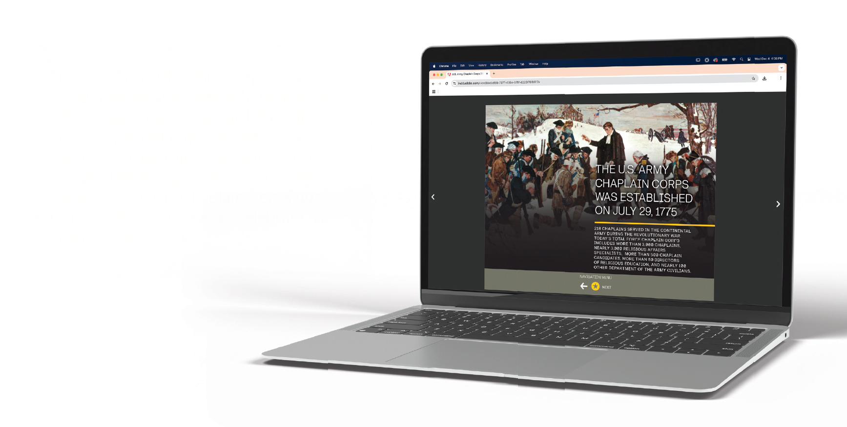 Laptop set on a white background. Screen shows a browser window with the Chaplain Corps interactive PDF