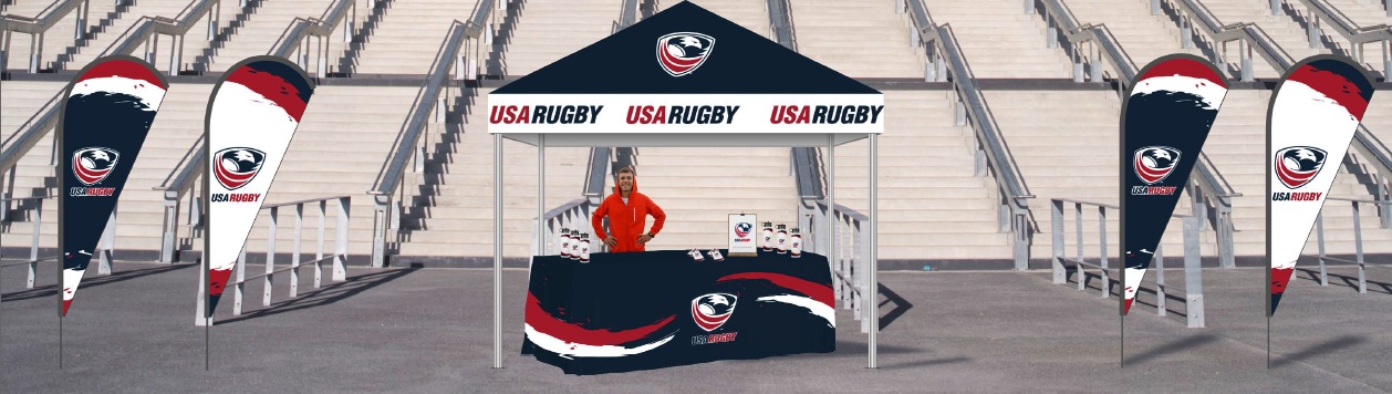 Digital booth and flag design mockup for the USA Rugby over a stadium background