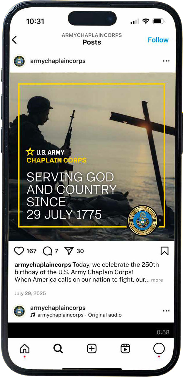 phone screen with an instagram post from the Chaplain Corps. The post reads "serving God and Country since 29 July 1775"